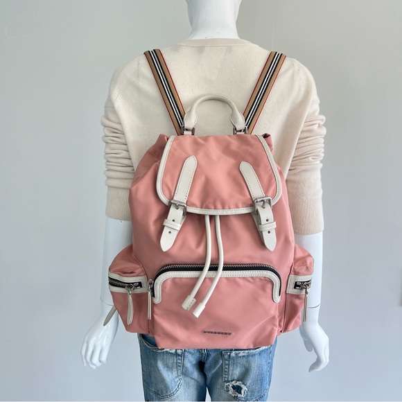 BURBERRY Rucksack Mauve Nylon w Leather Trim Drawstring Side Pockets Backpack - Picture 2 of 16